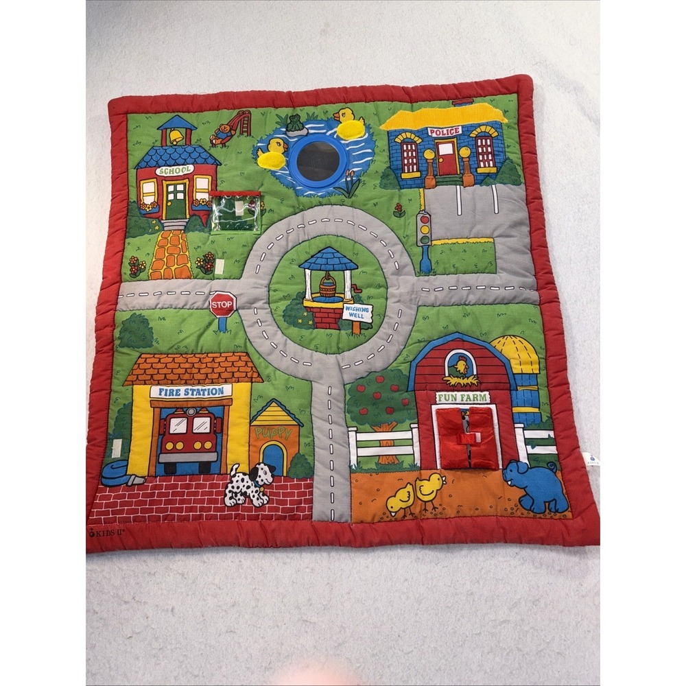 Vintage 1996 Kids II 26x26 Activity Play Mat Town Farm Sensory Mirror Crinkle